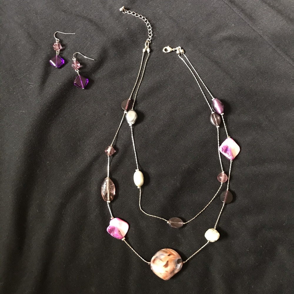 Double Layer Necklace & Earrings - Purple & Silver